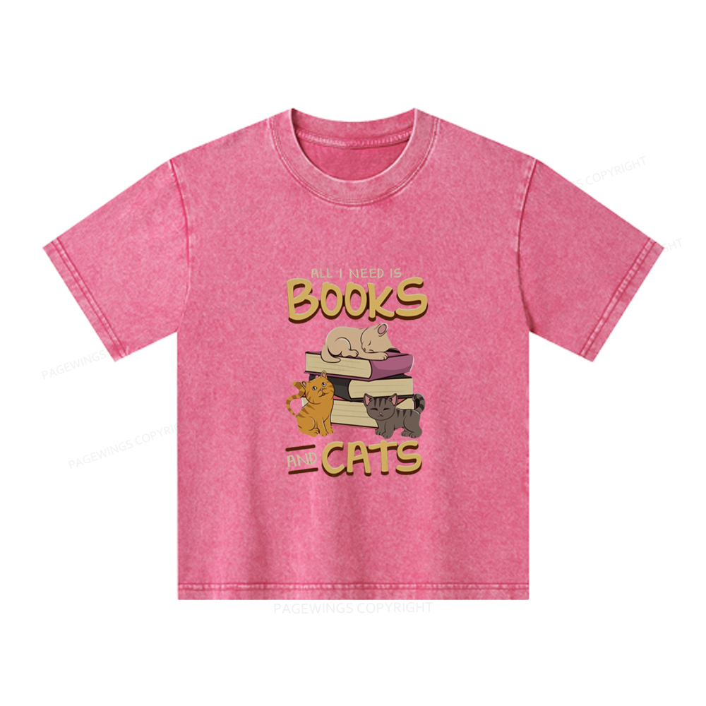 Pagewings All I Need Is Books And Cats Unisex Kids Washed T-shirt