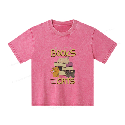 Pagewings All I Need Is Books And Cats Unisex Kids Washed T-shirt