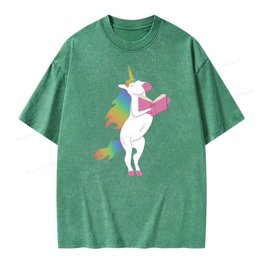 Pagewings Beautiful Unicorn Reading Books on Women's Cropped Unisex Washed T-shirt