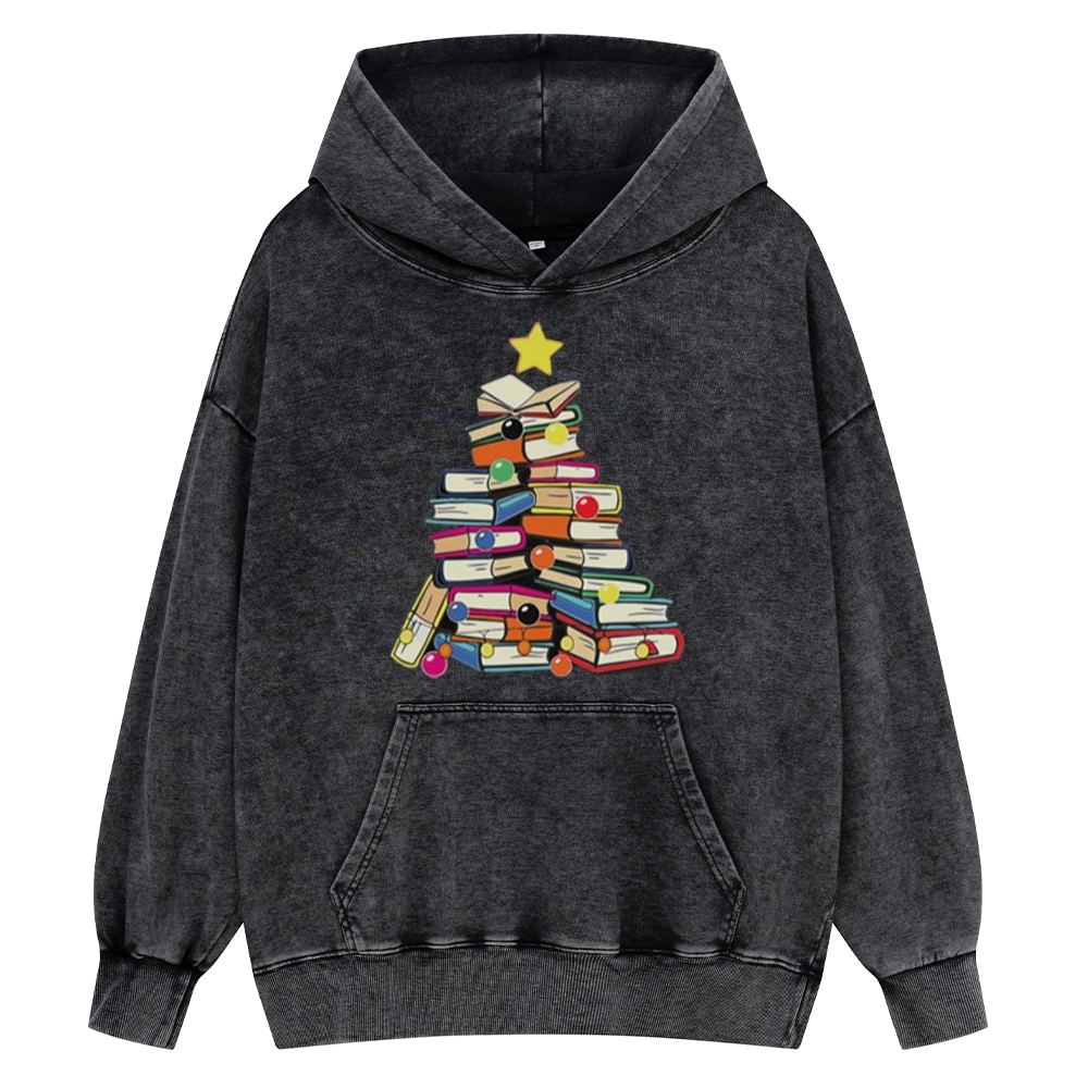 Pagewings Christmas Tree Bookworm Unisex Washed Hoodie