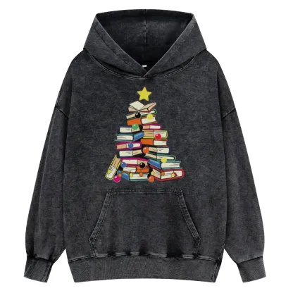Pagewings Christmas Tree Bookworm Unisex Washed Hoodie