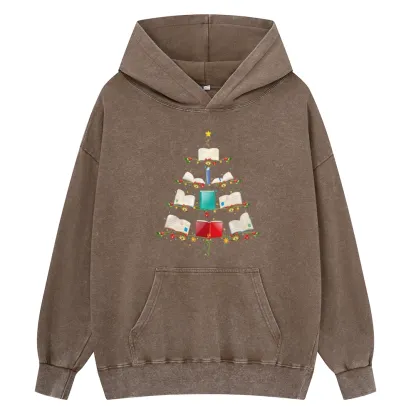 Pagewings Book Christmas Tree Unisex Washed Hoodie