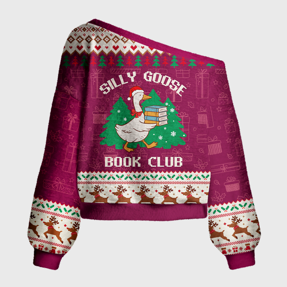 Pagewings Silly Goose Book Lover Christmas Off Shoulder Ugly Knit Sweater