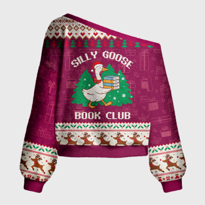 Pagewings Silly Goose Book Lover Christmas Off Shoulder Ugly Knit Sweater