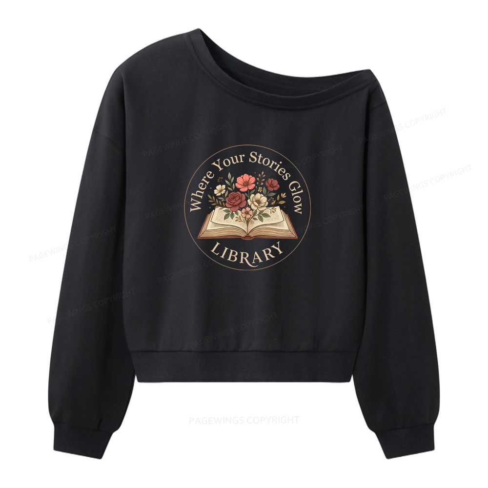 Pagewings Where Your Stories Glow Library Women Off Shoulder Sweatshirt