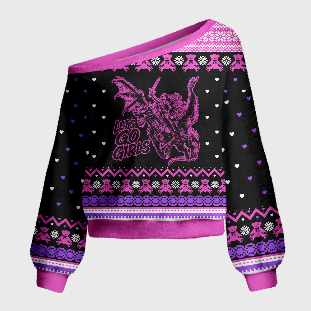 Pagewings Fantasy Graphic Off Shoulder Ugly Knit Sweater