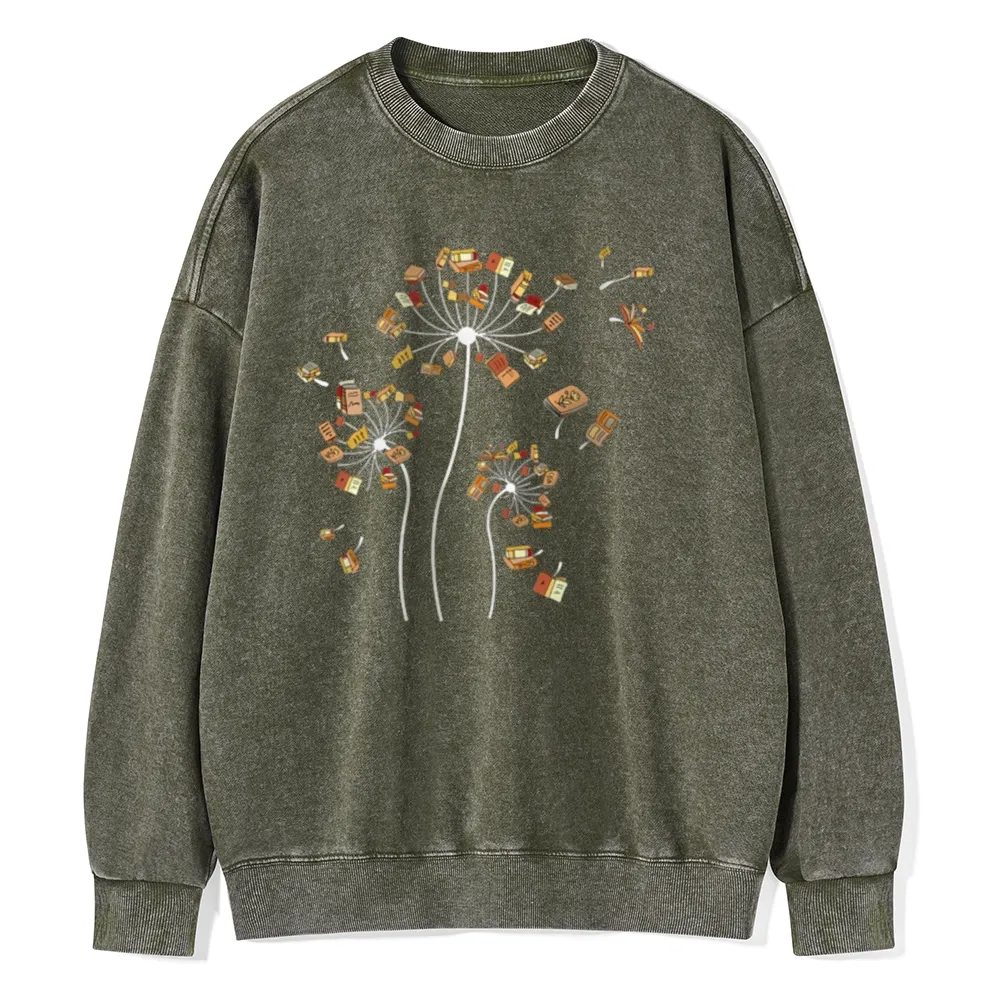 Pagewings Dandelion Flower Books Unisex Washed Sweatshirt