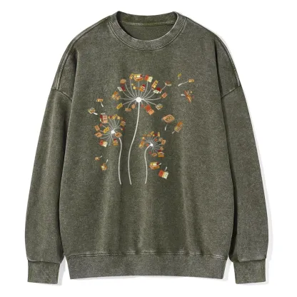 Pagewings Dandelion Flower Books Unisex Washed Sweatshirt
