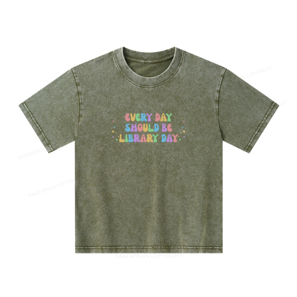 Pagewings Every Day Should Be Library Day Unisex Kids Washed T-shirt