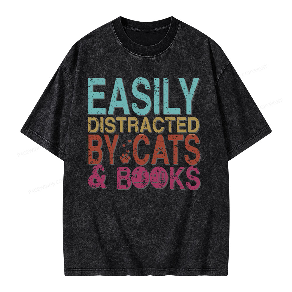 Pagewings Easily Distracted By Cats And Books Unisex Washed T-shirt