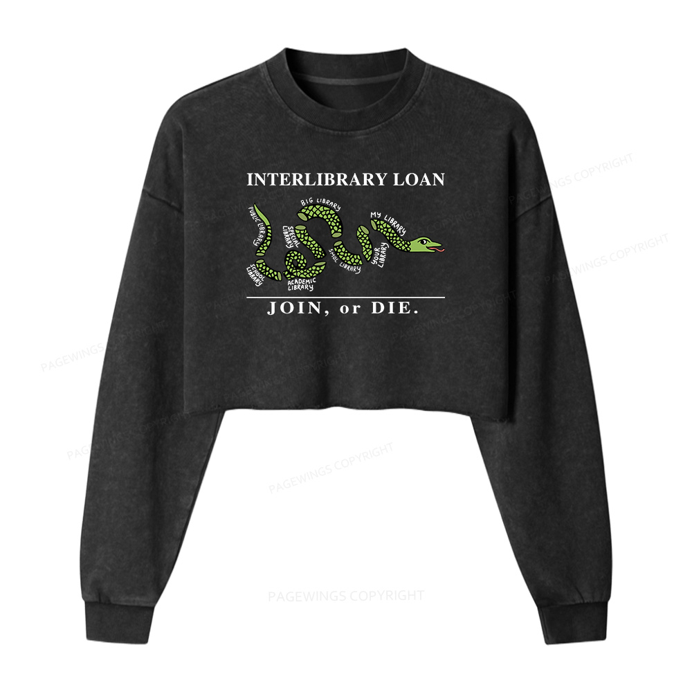 Pagewings Interlibrary Loan Women Washed Crop Sweatshirt