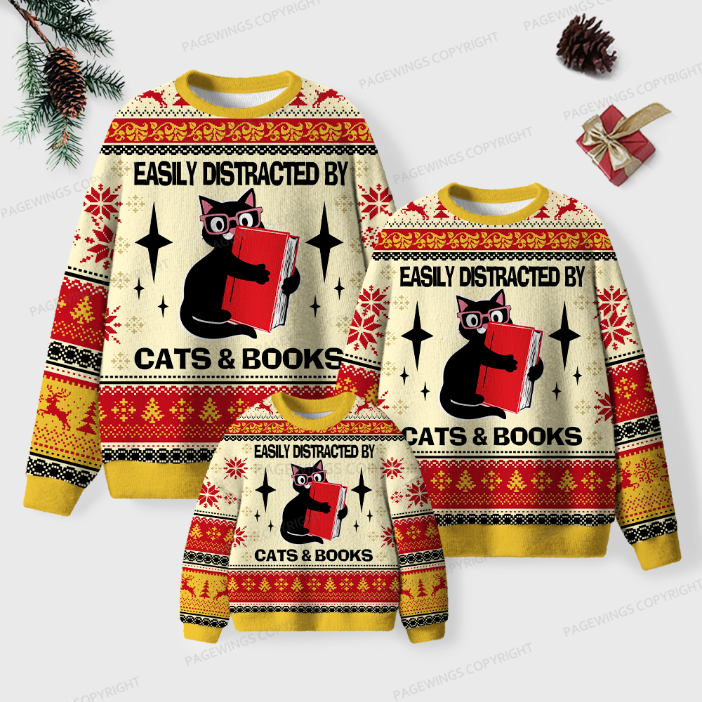Pagewings Easily Distracted By Cats & Books Unisex Ugly Knit Sweatshirt