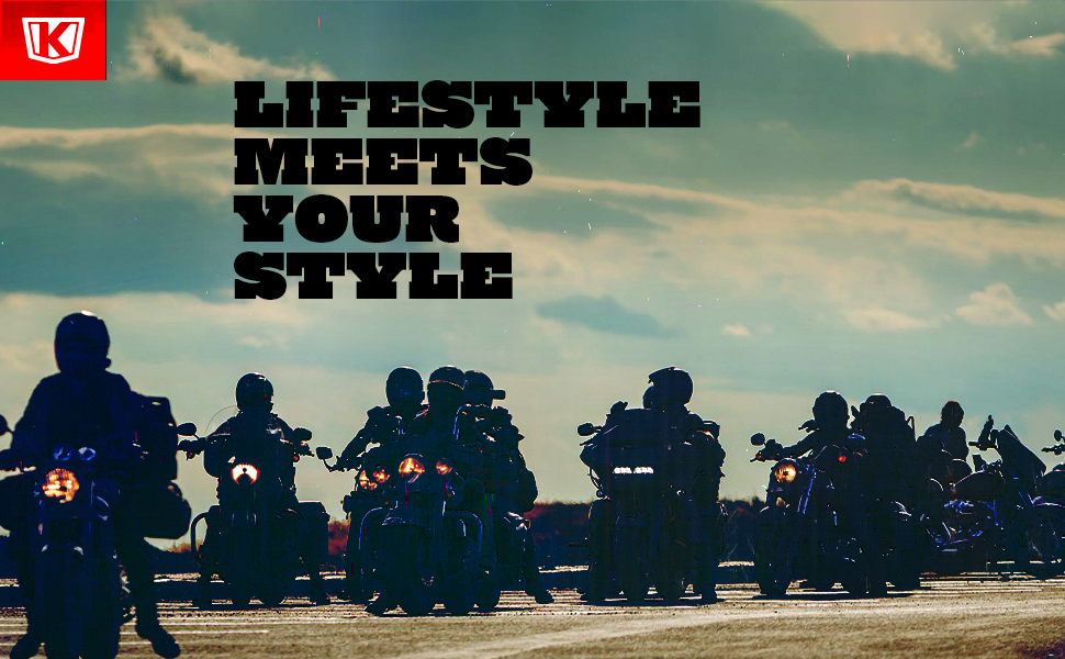 Group of motorcycle riders on open road. Banner reads lifestyle meets your style.