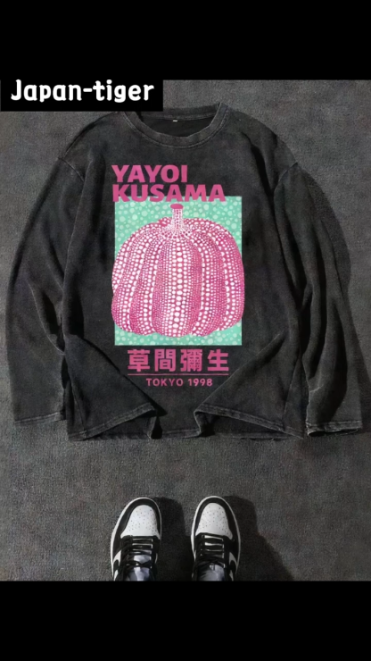 Yayoi Kusama Pumpkin Vintage Cotton Wash Crewneck Long-Sleeve T-Shirt