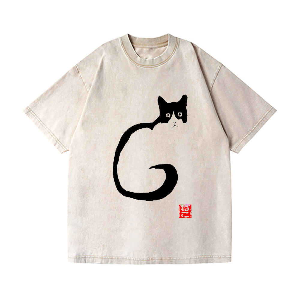Black Ink Cat Neko Vintage Wash Japanese Design T-Shirt