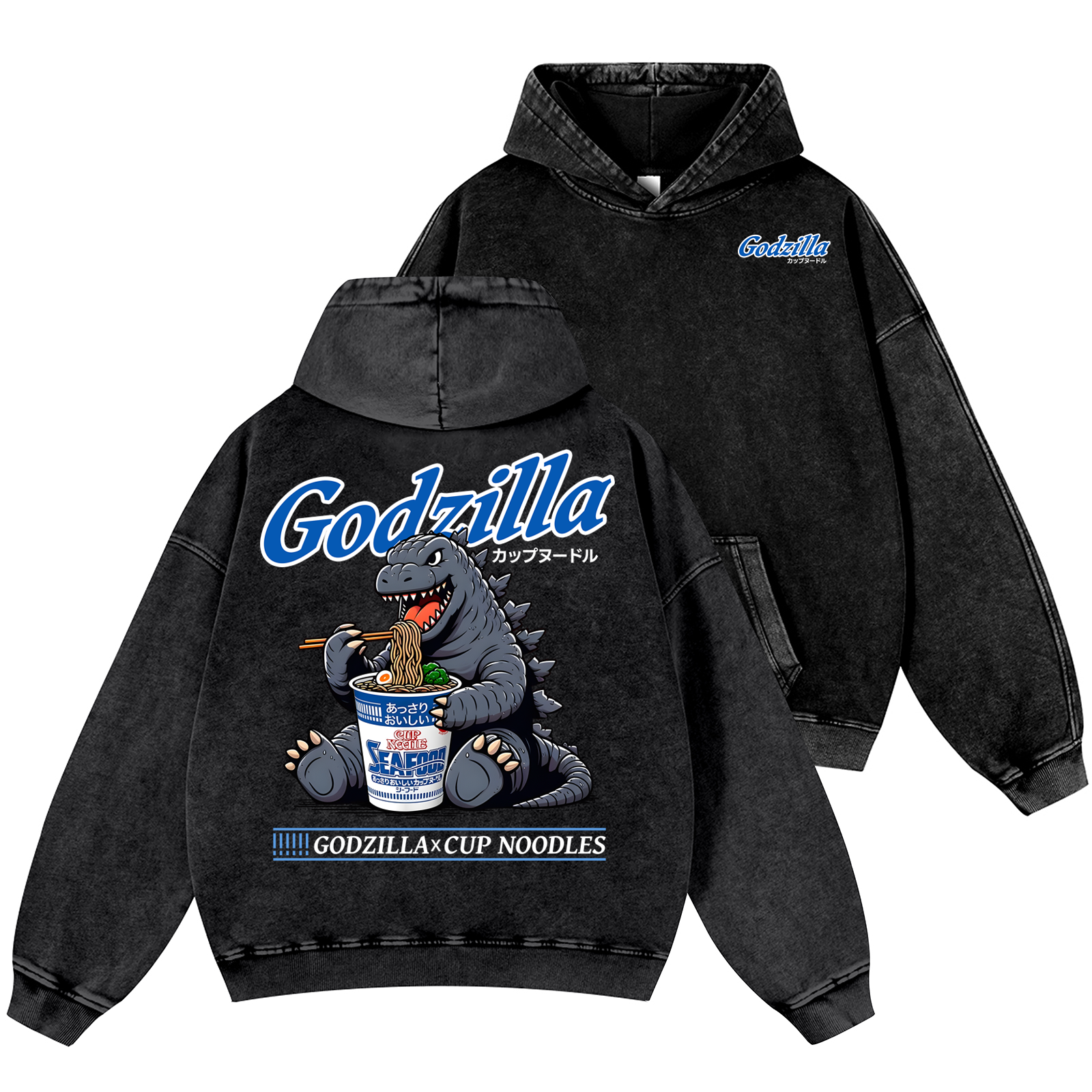 Godzilla Cup Noodles Vintage Washed Cotton Back Art Hoodie