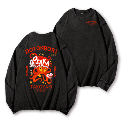 Osaka Dotonbori Octopus Vintage Washed Cotton Back Art Long-sleeve T-shirt