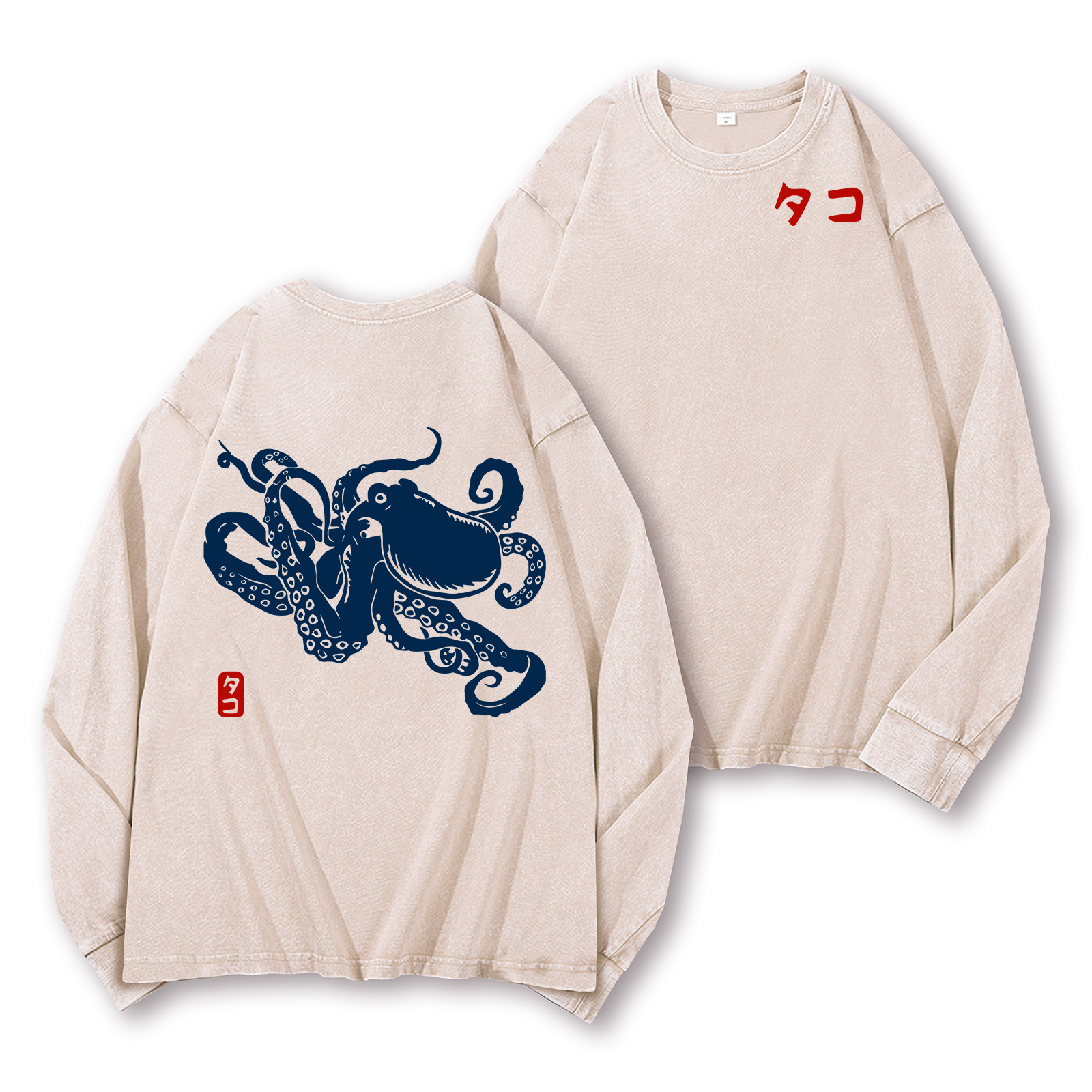 Octopus Vintage Washed Cotton Back Art Long-sleeve T-shirt