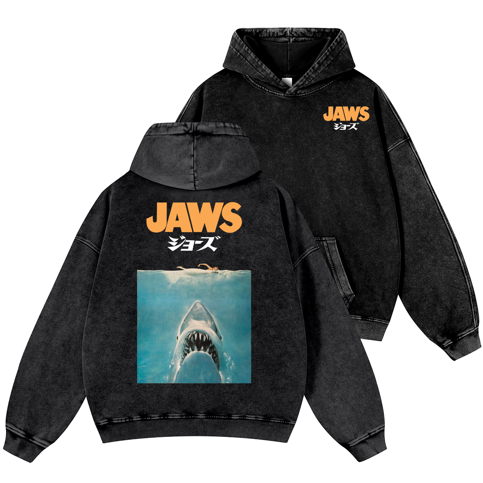 Jaws Shark Vintage Washed Cotton Back Art Hoodie