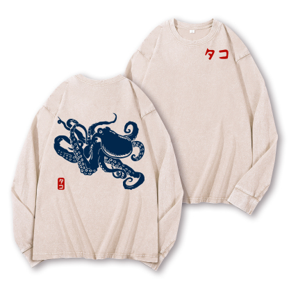Octopus Vintage Washed Cotton Back Art Long-sleeve T-shirt