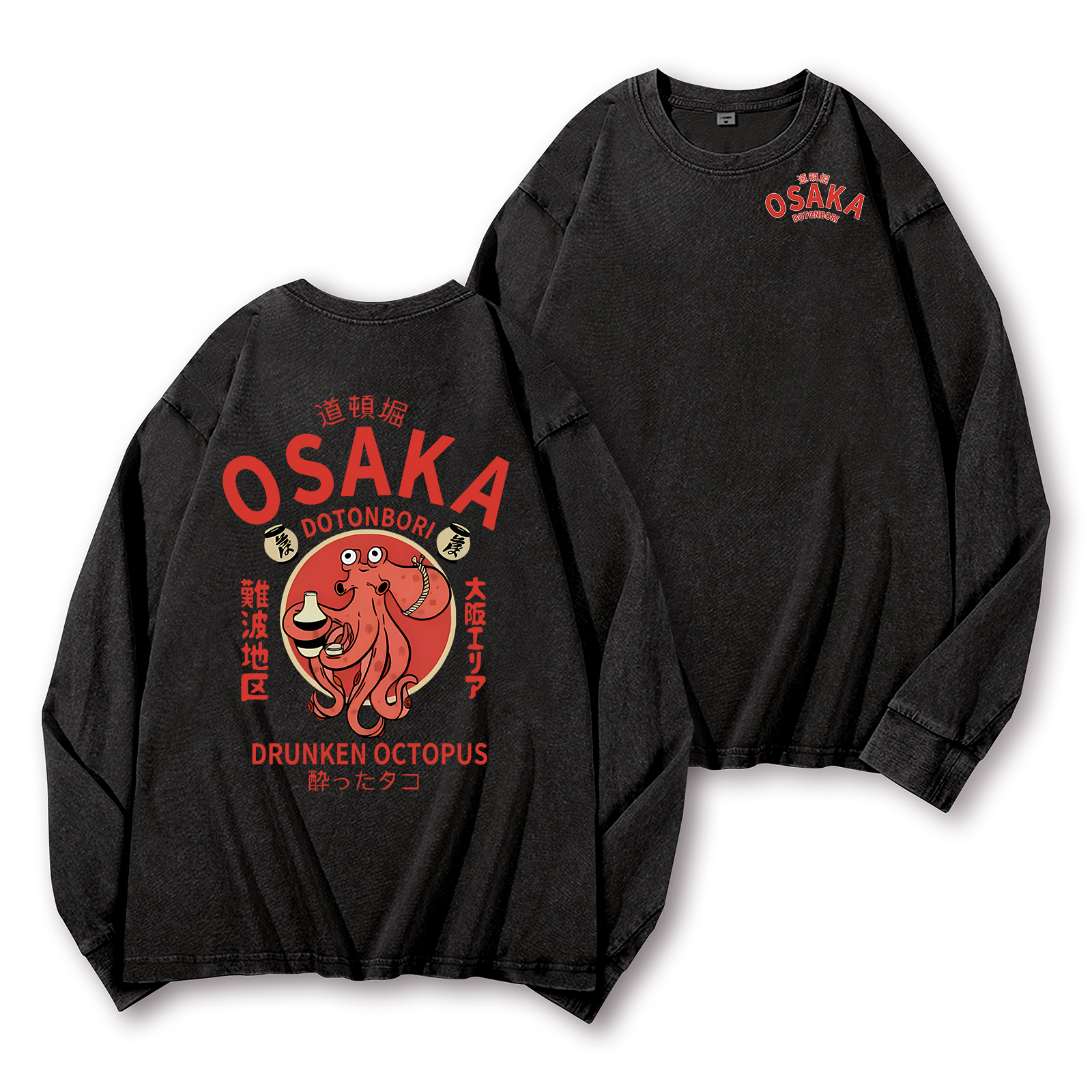Osaka Dotonbori Drunken Octopus Vintage Washed Cotton Back Art Long-sleeve T-shirt
