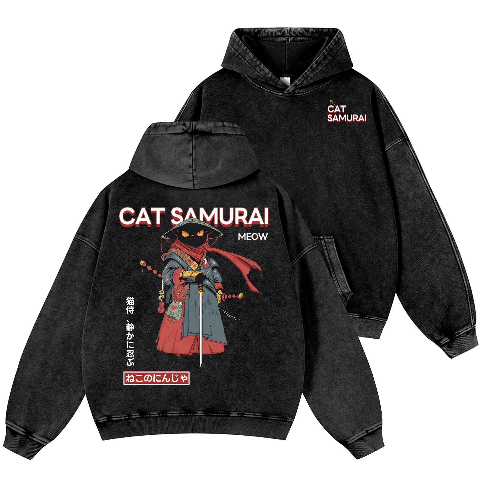 Cat Samurai Vintage Washed Cotton Back Art Hoodie