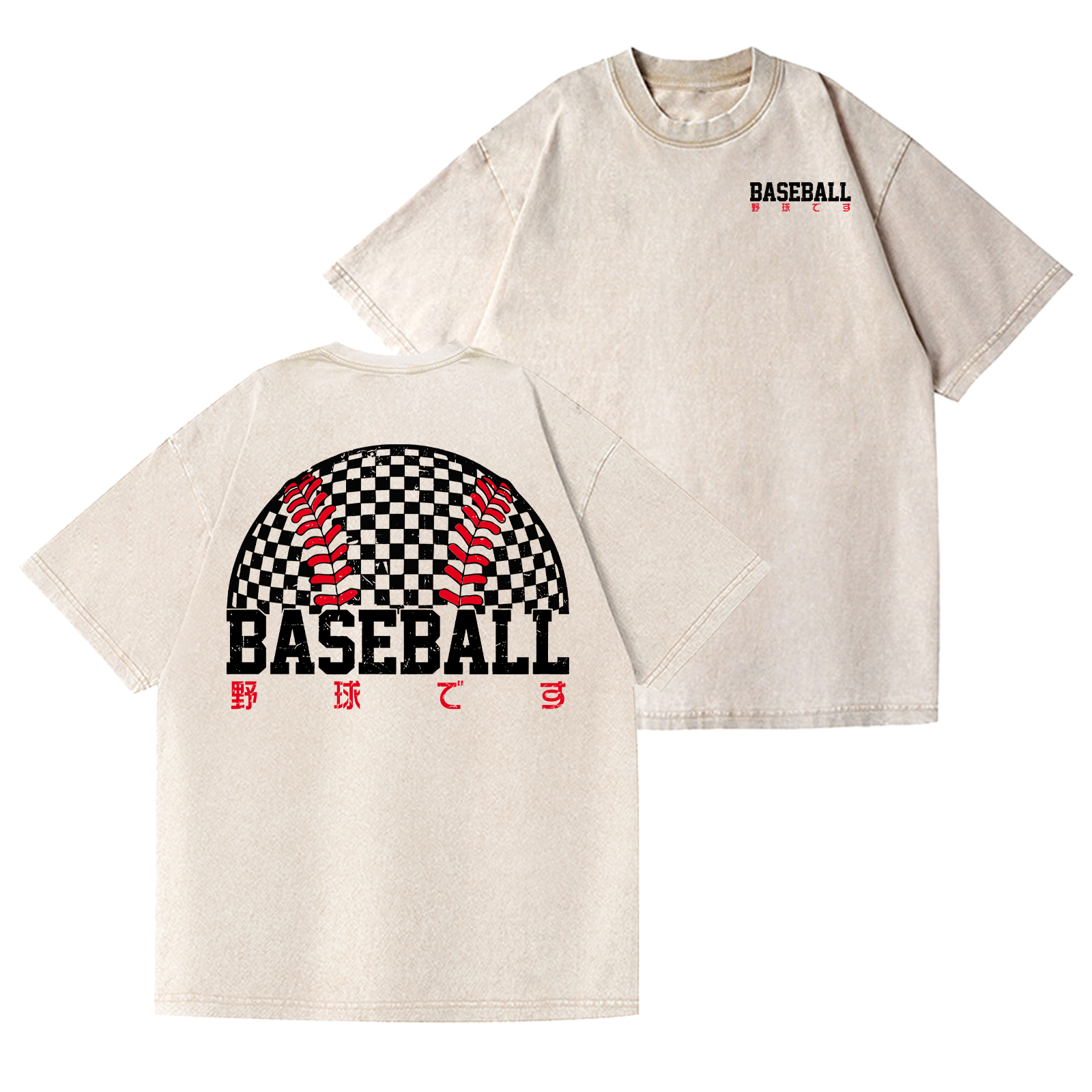 Baseball Vintage Wash Japanese Design Back Art T-Shirt
