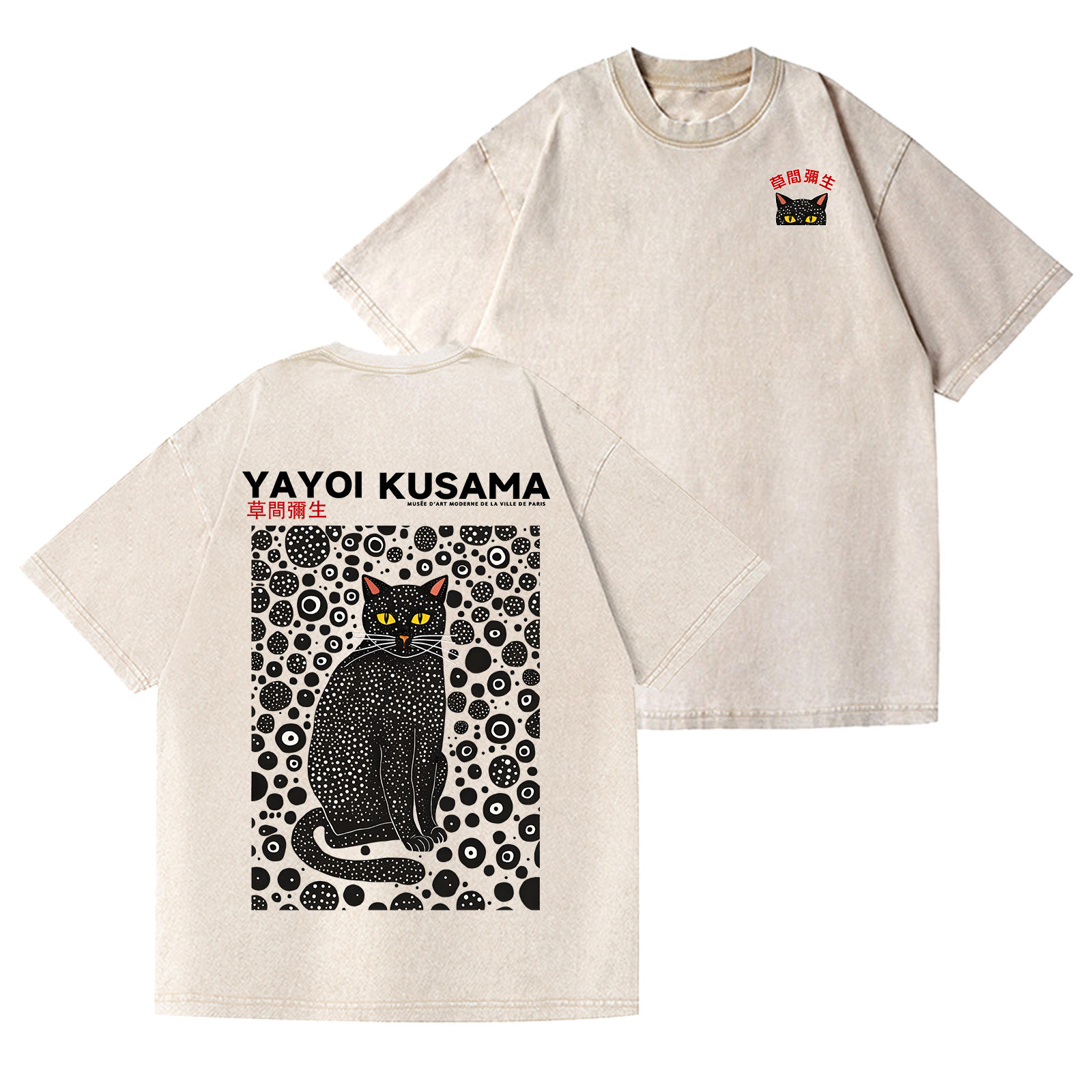 Yayoi Kusama Cat Vintage Wash Japanese Design Back Art T-Shirt