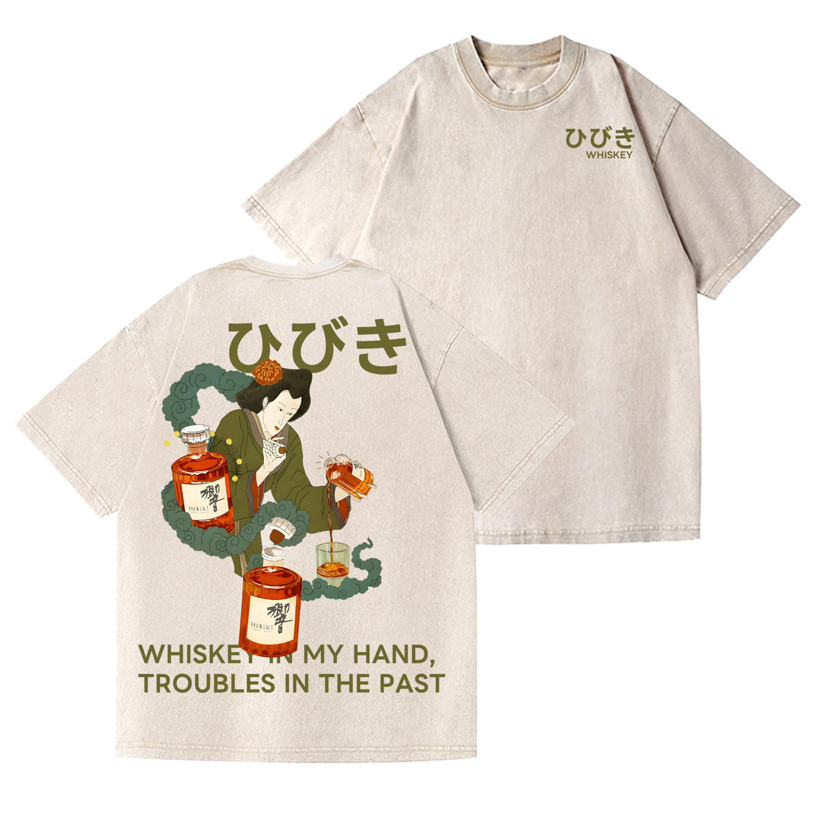 Hibiki Vintage Wash Japanese Design Back Art T-Shirt