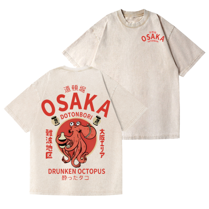 Osaka Dotonbori Drunken Octopus Vintage Wash Japanese Design Back Art T-Shirt