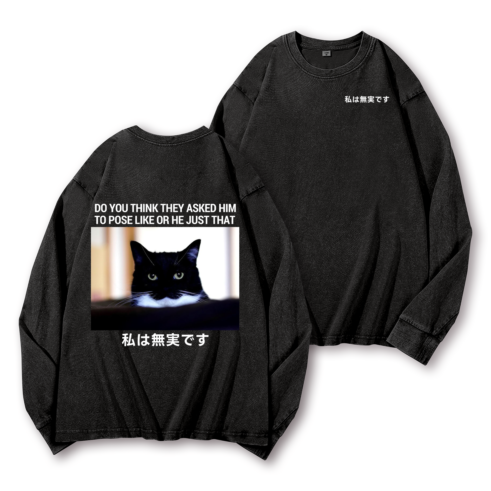 Cat Vintage Washed Cotton Back Art Long-sleeve T-shirt