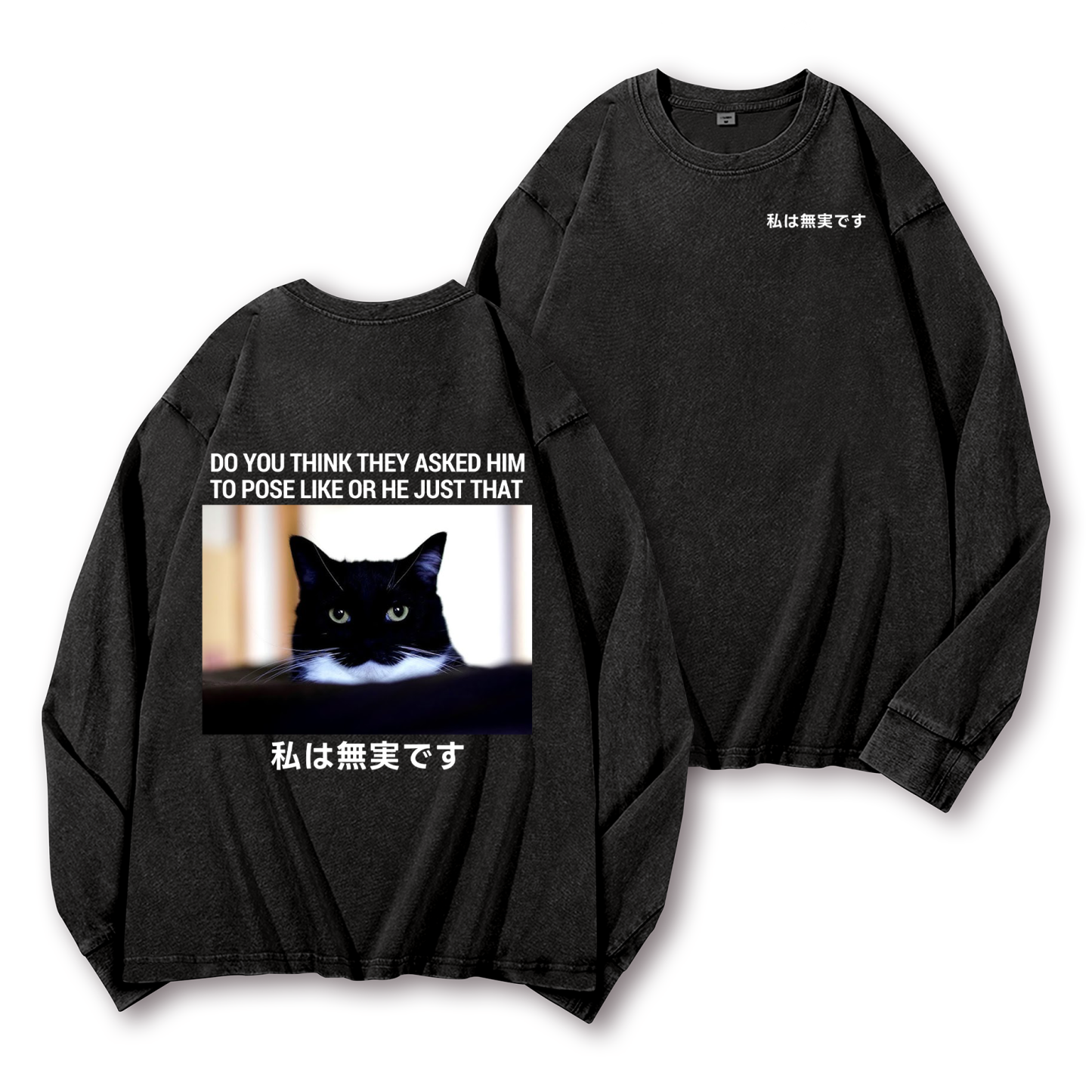 Cat Vintage Washed Cotton Back Art Long-sleeve T-shirt