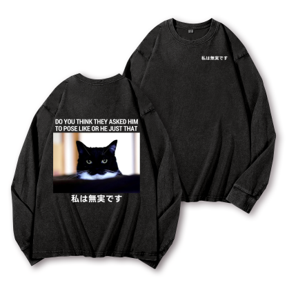Cat Vintage Washed Cotton Back Art Long-sleeve T-shirt