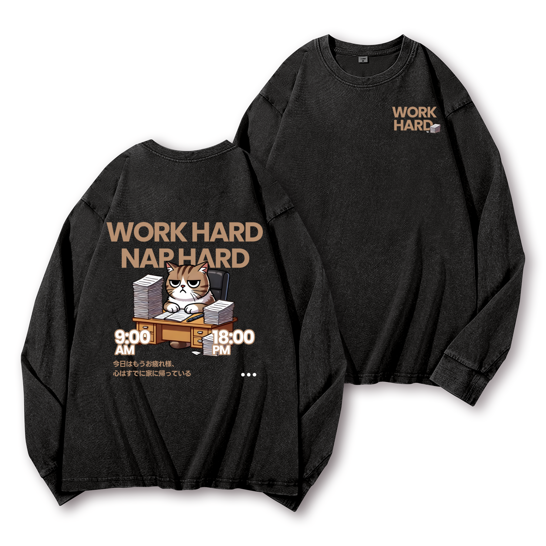 Cat Vintage Washed Cotton Back Art Long-sleeve T-shirt