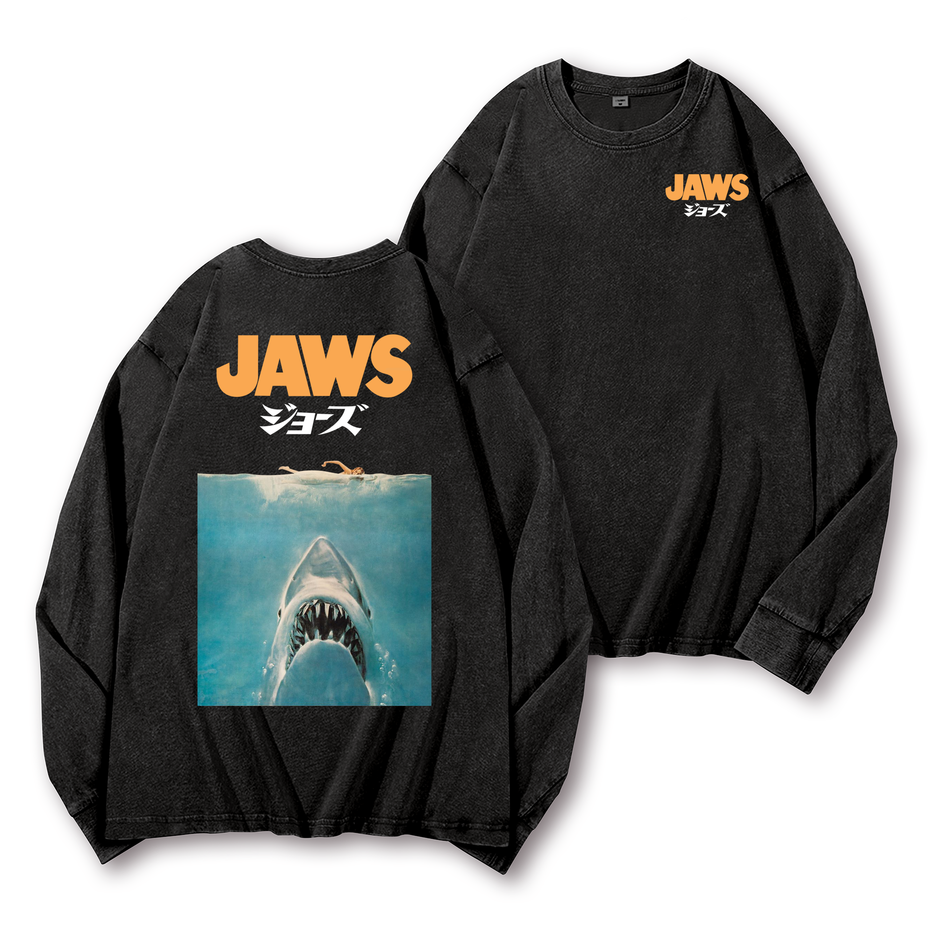 Jaws Shark Vintage Washed Cotton Back Art Long-sleeve T-shirt