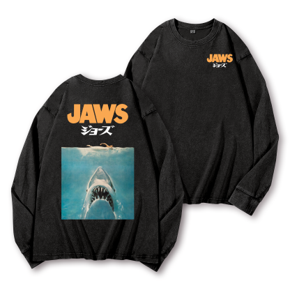 Jaws Shark Vintage Washed Cotton Back Art Long-sleeve T-shirt