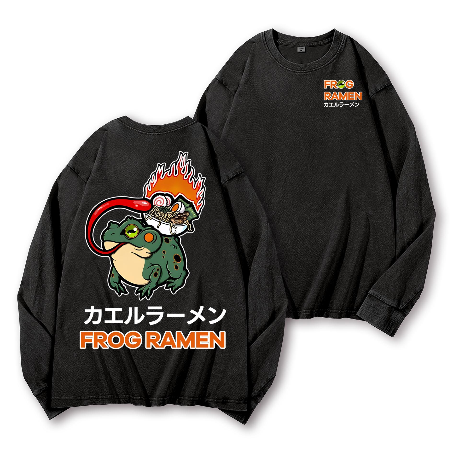 Frog Ramen Vintage Washed Cotton Back Art Long-sleeve T-shirt