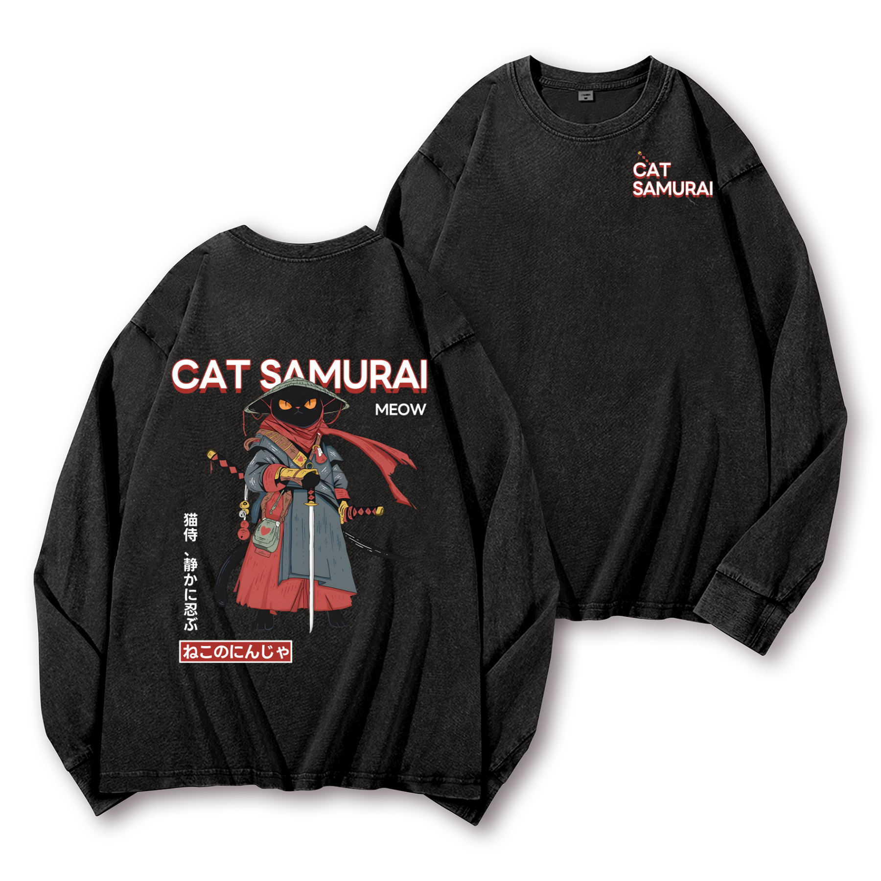 Cat Samurai Vintage Washed Cotton Back Art Long-sleeve T-shirt
