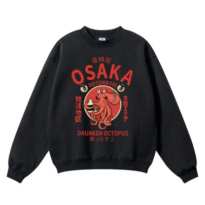 Osaka Dotonbori Drunken Octopus Wrinkle-Resistant Crewneck Sweatshirt
