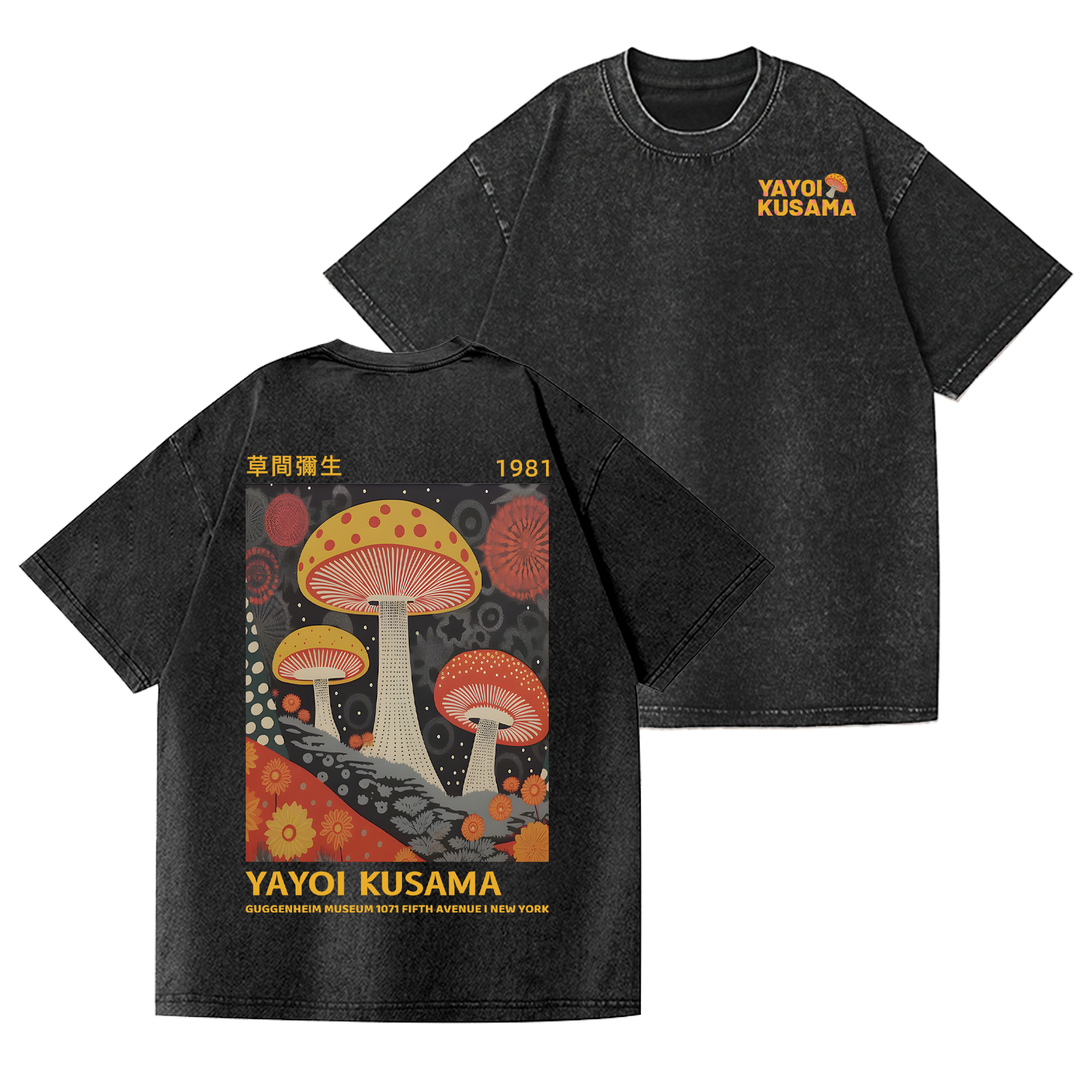 Yayoi Kusama Mushroom Vintage Wash Japanese Design Back Art T-Shirt