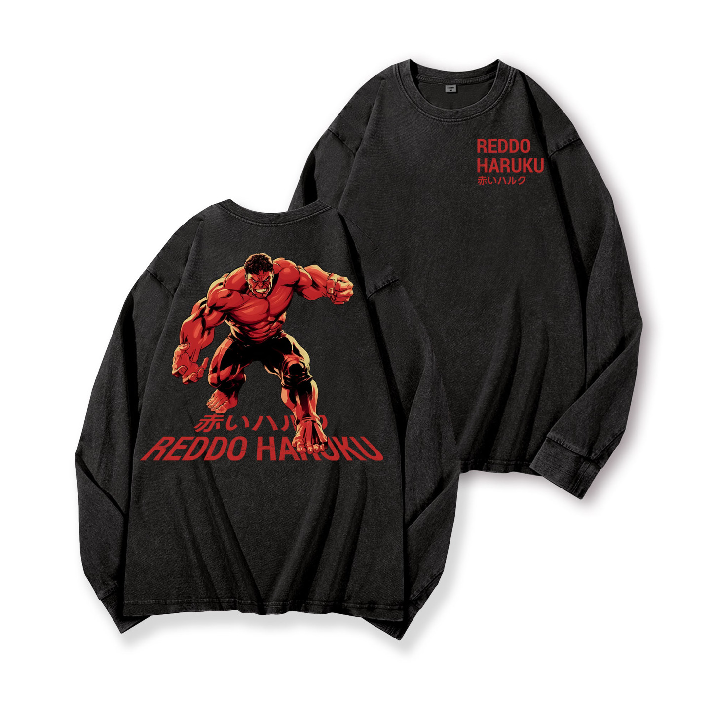 Reddo Haruku Vintage Washed Cotton Back Art Long-sleeve T-shirt