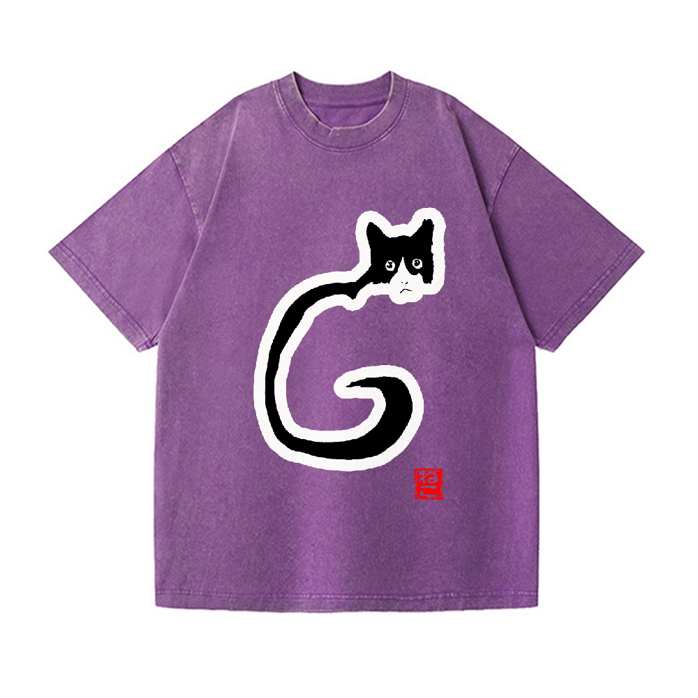 Black Ink Cat Neko Vintage Wash Japanese Design T-Shirt