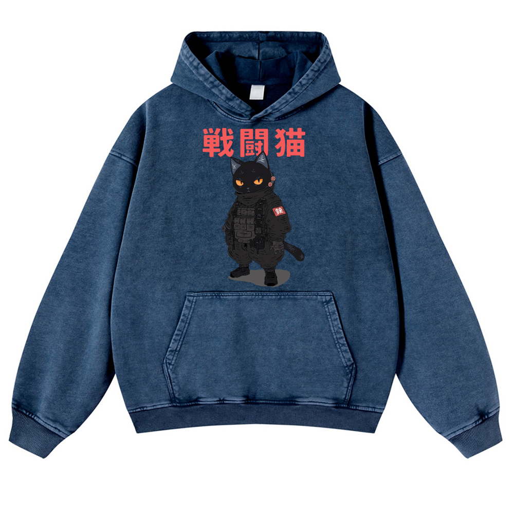 Black Cat Vintage Washed Thick Cotton Hoodie