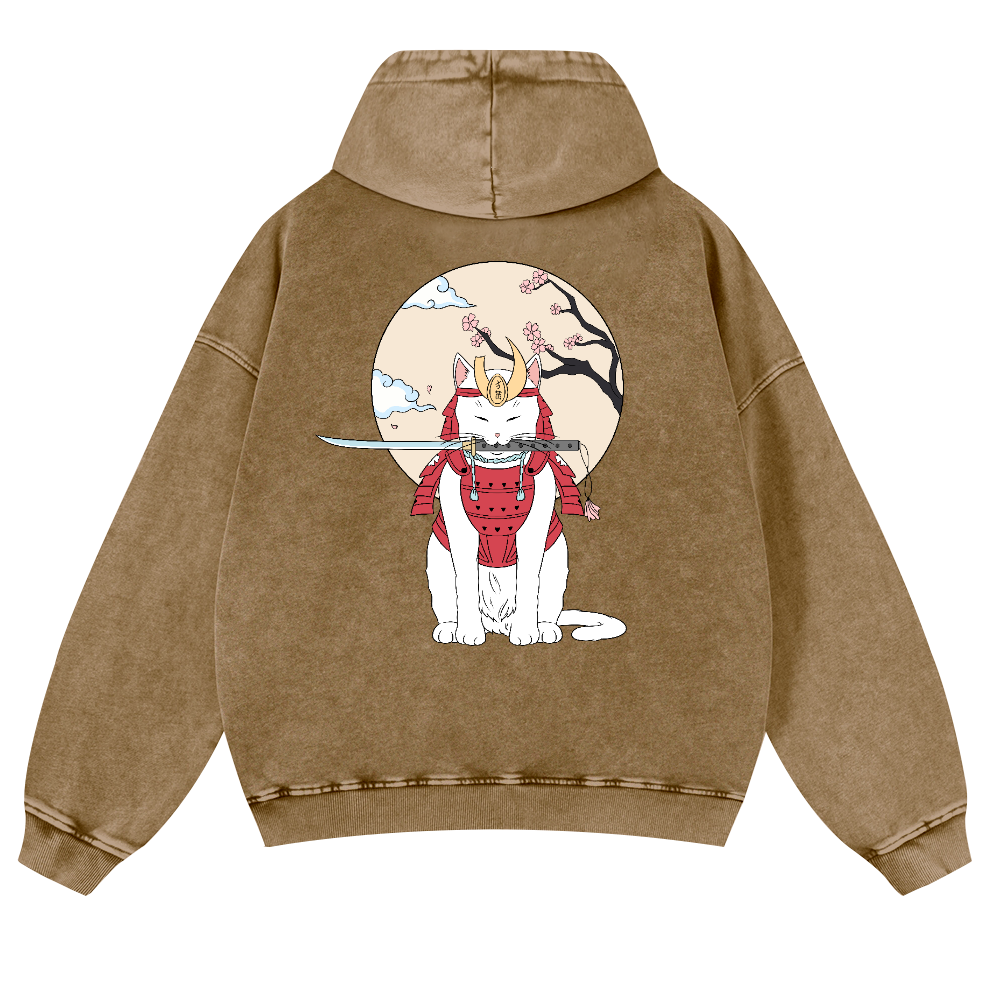 Samurai Cat Vintage Washed Cotton Back Art Hoodie