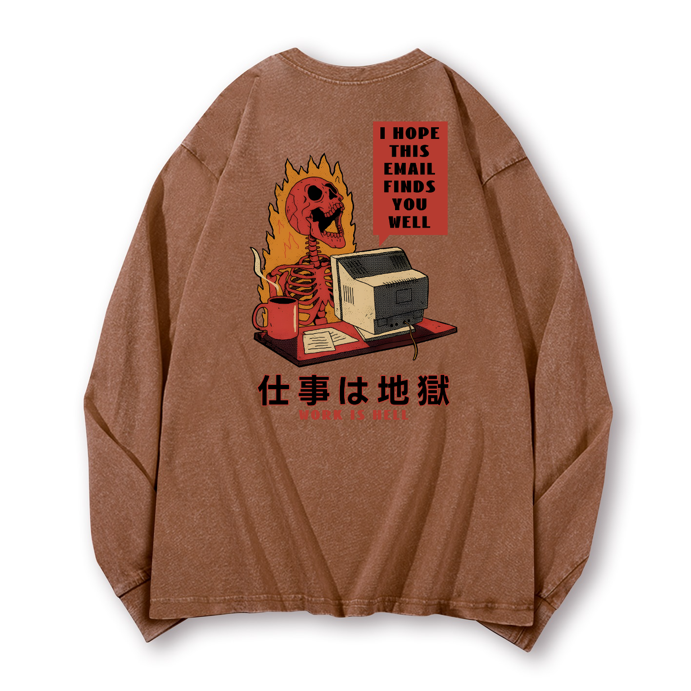 Skull Work Is Hell Vintage Washed Cotton Back Art Long-sleeve T-shirt