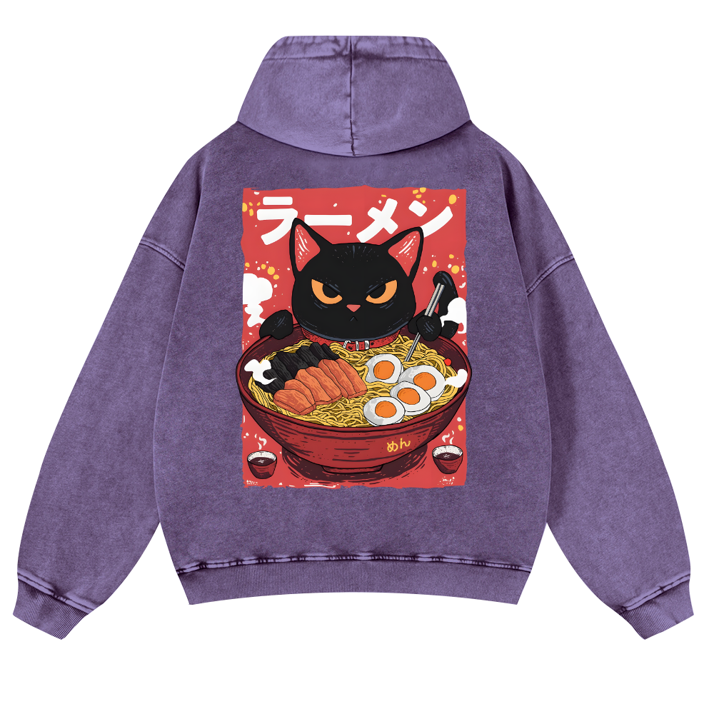 Ramen Black Cat Vintage Washed Cotton Back Art Hoodie