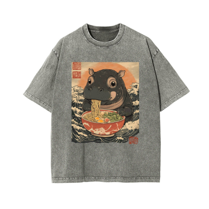 Ramen Hippo Ukiyoe Wave Vintage Wash Japanese Design T-Shirt