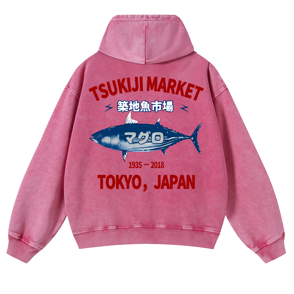 Tsukiji Market Tuna Fish Tokyo Japan Vintage Washed Cotton Back Art Hoodie