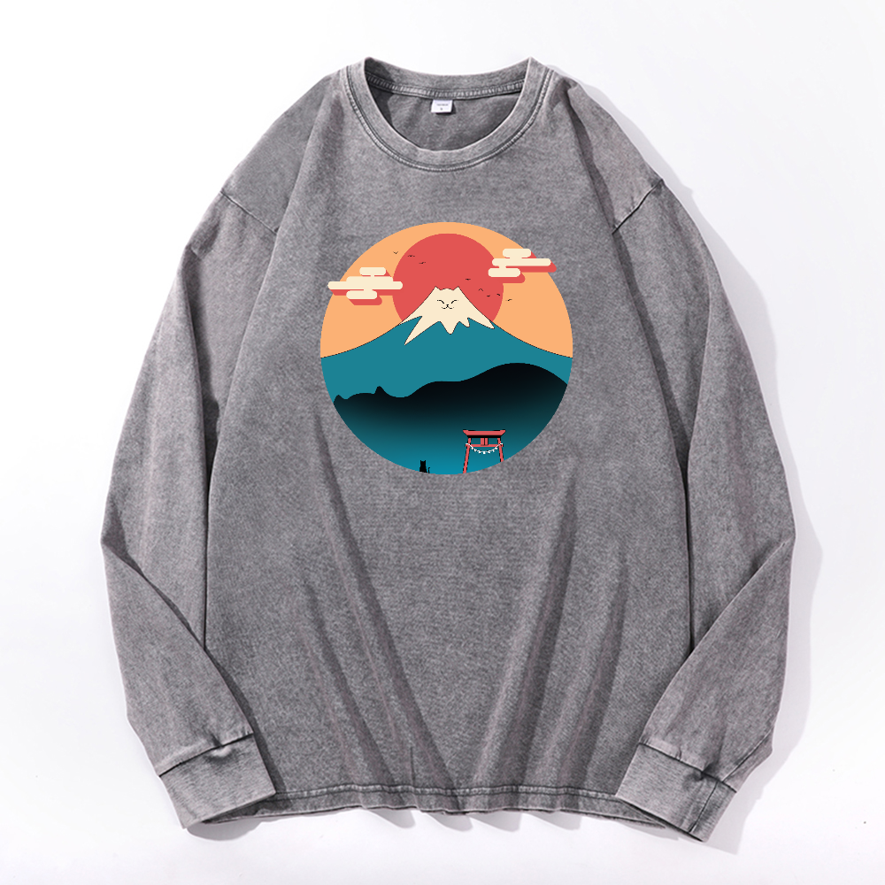 Cat Fuji Vintage Cotton Wash Crewneck Sweatshirt