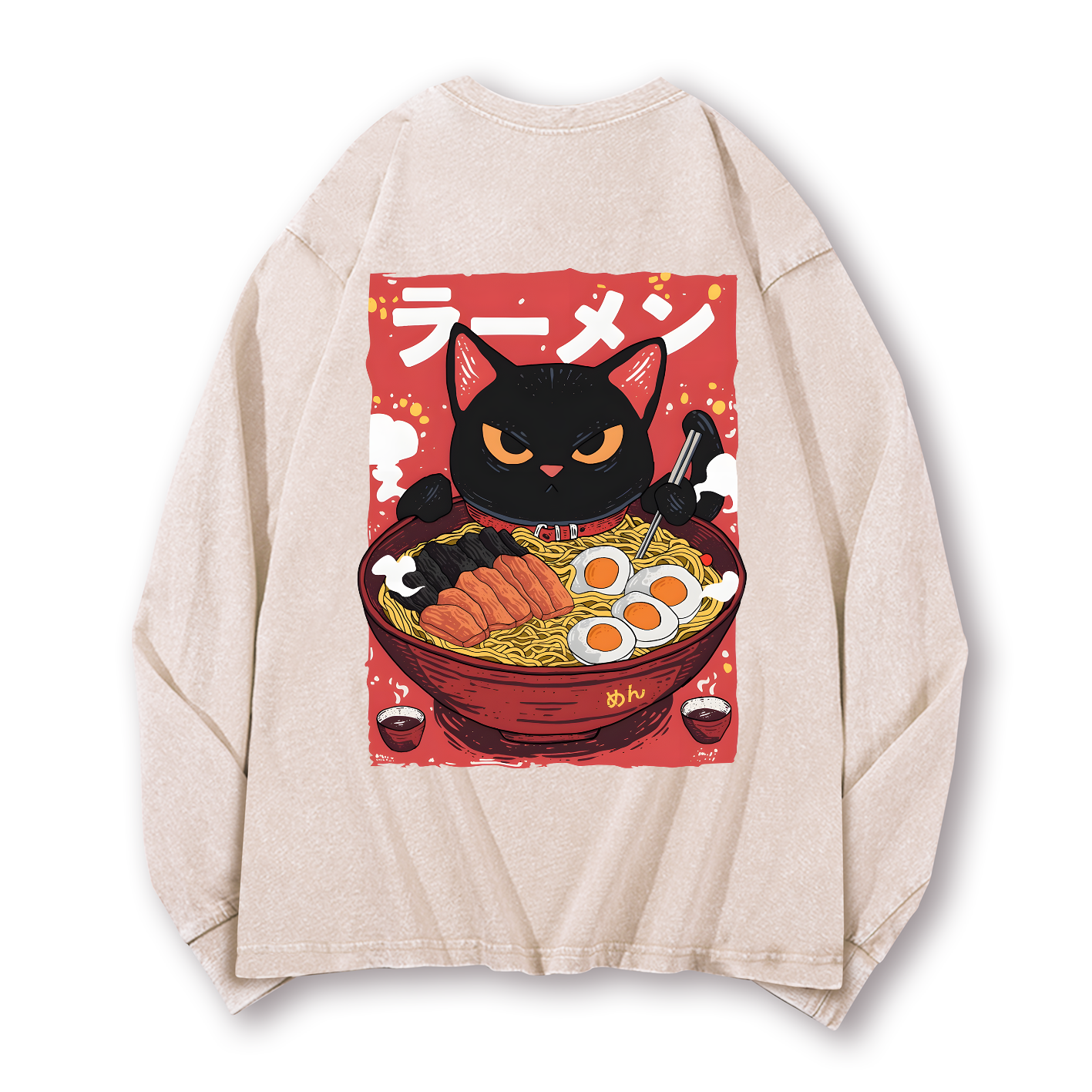 Ramen Black Cat Vintage Washed Cotton Back Art Long-sleeve T-shirt